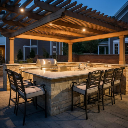 pergola Outdoor kitchen design example with large dining area