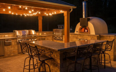 Outdoor kitchen with bar and pizza oven