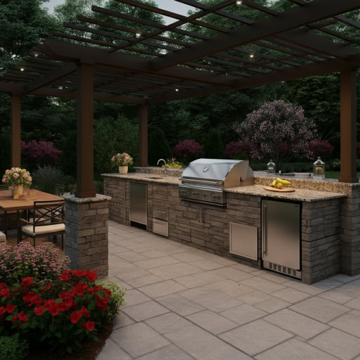 brick path Pergola-covered outdoor kitchen