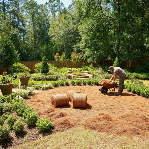 installation man spreading pinestraw mulch in garden