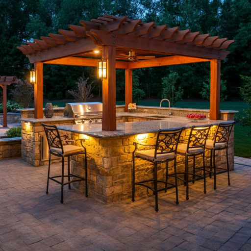 an outdoor kitchen in the evening