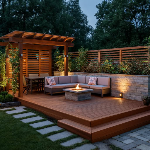 patio example Design of a wooden patio in backyard