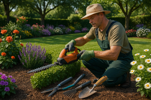 man using hedge trimmers in a small garden area