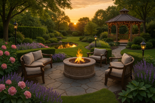 outdoor furniture situated around a fire pit