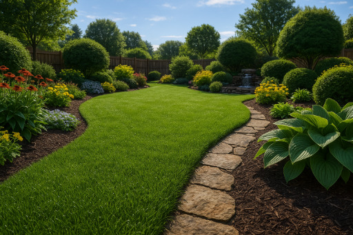 mulched garden areas around a lush lawn with a stone walkway