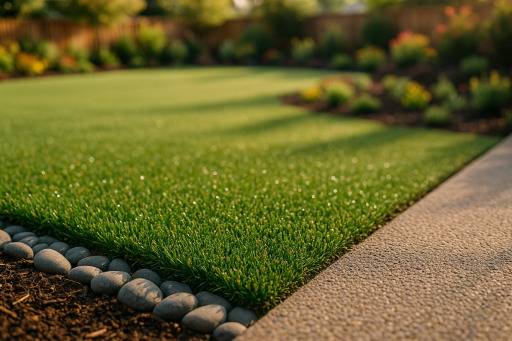 stone and mulch along the edge of a beautiful green lawn